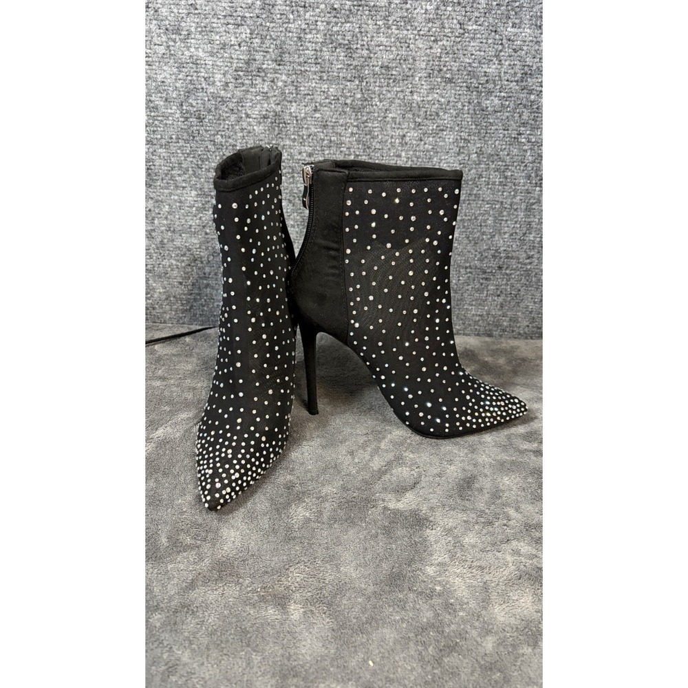 Liliana Stiletto Bootie Women 7 Black Studded Crystal Punk Mesh Pointed Toe Boot